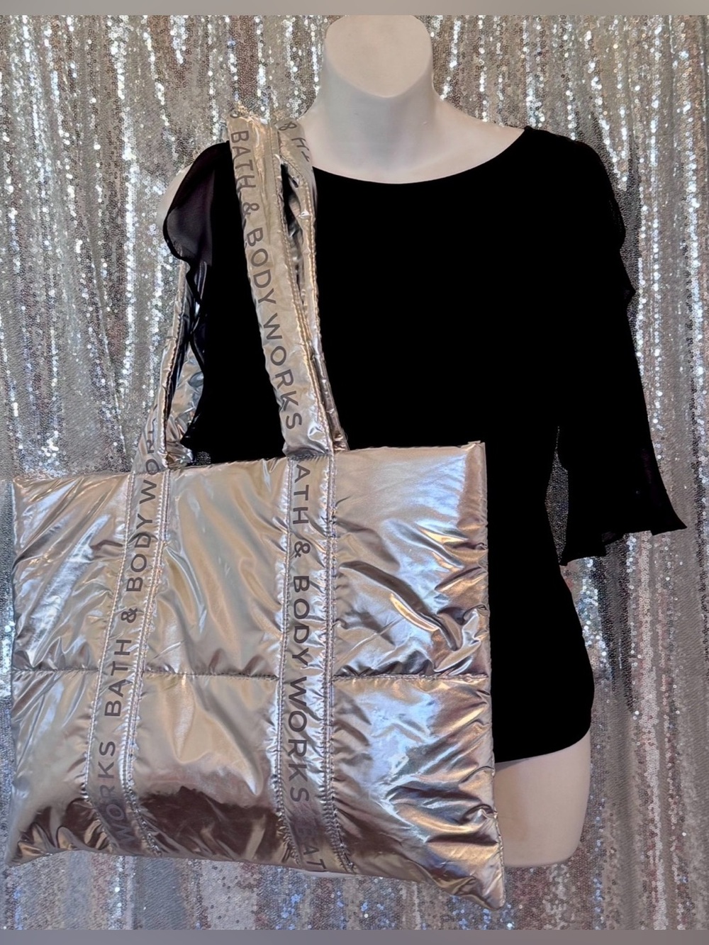 New Bath & Body Works Silver Metallic Puffer Tote Bag